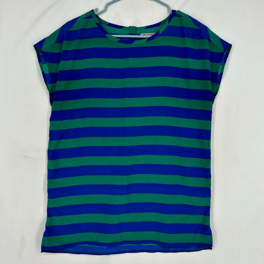 Gap Womens Size XS Pullover Blouse Green Blue Wide Stripes Cap Sleeves